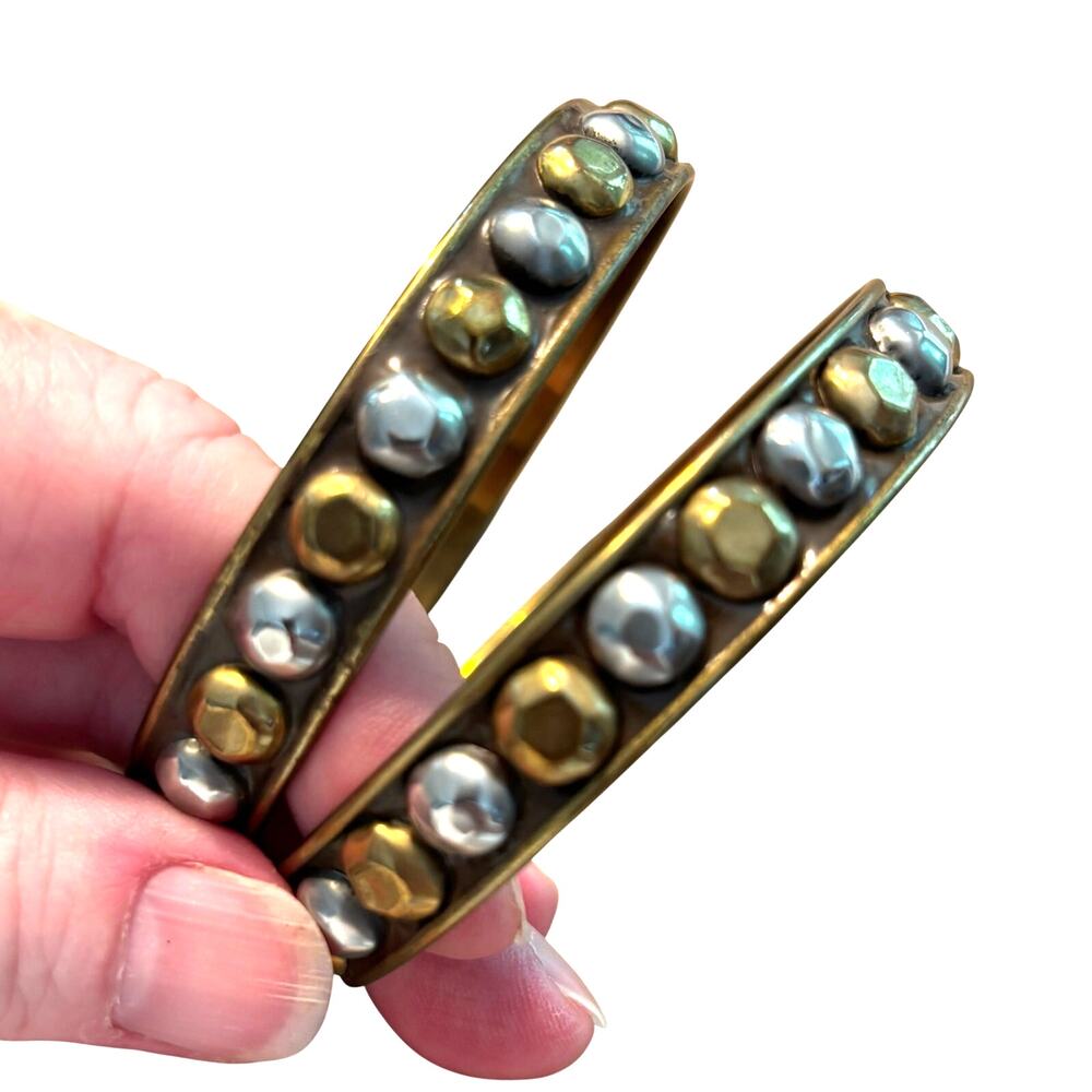 Vintage bangle bracelets two brass bands gold & silver studded Boho festival
